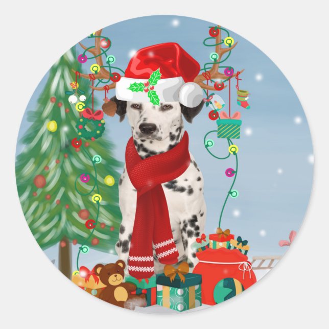 Sticker Rond Dachshund Chien en neige avec cadeaux de Noël (Devant)