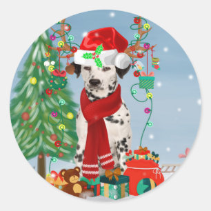 Sticker Rond Dachshund Chien en neige avec cadeaux de Noël