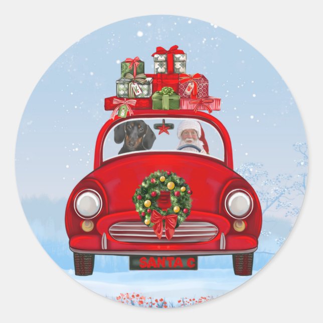 Sticker Rond Dachshund Chien En Voiture Avec Le Père Noël (Devant)