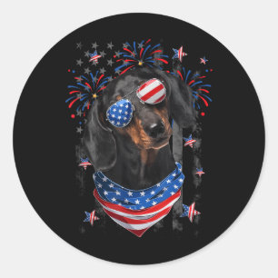 Sticker Rond Dachshund Chien États-Unis Drapeau Jour de l'indép