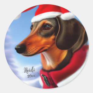 Sticker Rond Dachshund, Chien Père Noël, Personnaliser, Noël