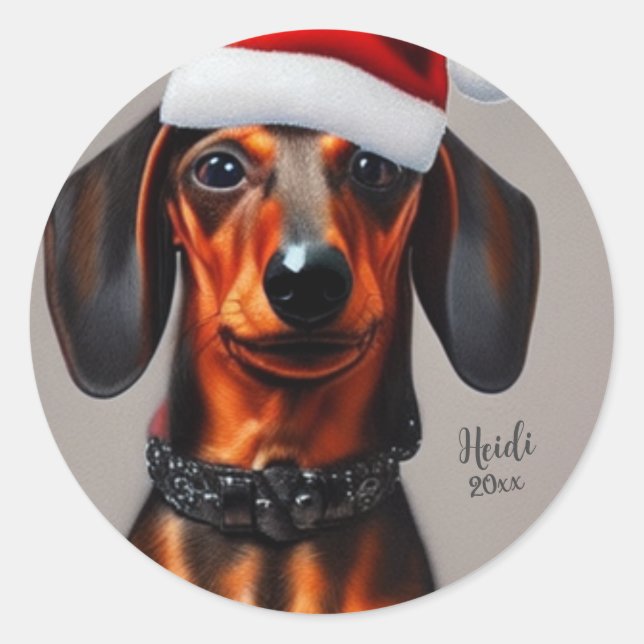 Sticker Rond Dachshund, Chien Père Noël, Personnaliser, Noël (Devant)