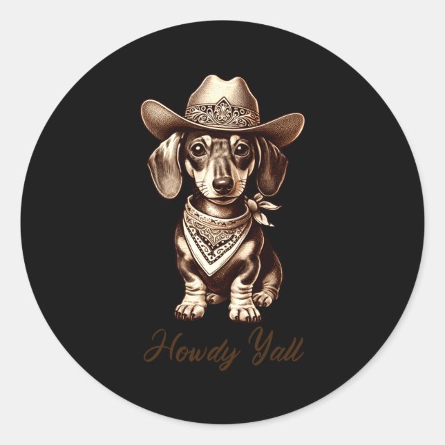 Sticker Rond Dachshund Cowboy Cute Sausage Dog Cowboy Weiner Pu (Devant)