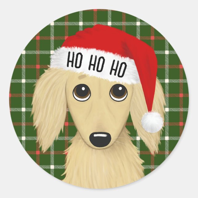 Sticker Rond Dachshund Crème Longhairy Père Noël Chig Noël (Devant)