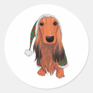 Sticker Rond Dachshund de Noël - Rouge à cheveux longs