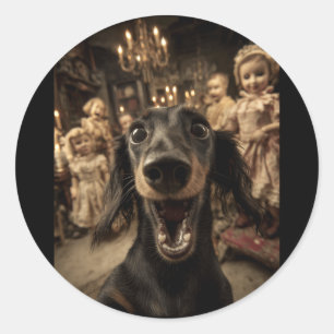 Sticker Rond Dachshund drôle selfie Y Poupées Halloween effraya