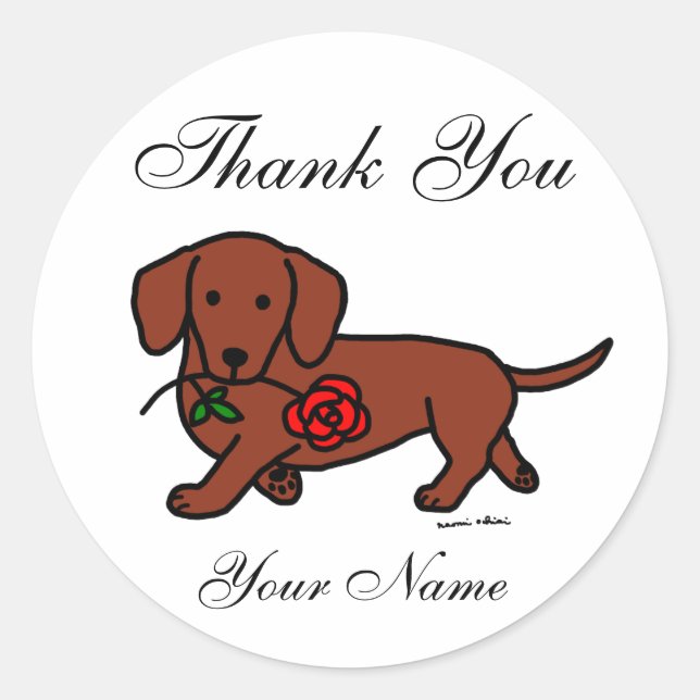Sticker Rond Dachshund et un dessin animé sur les fleurs (Devant)