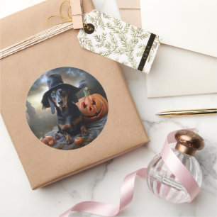 Sticker Rond Dachshund Halloween effroi
