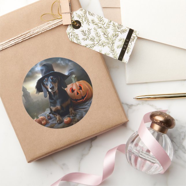 Sticker Rond Dachshund Halloween effroi (Cadeaux)