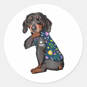 Sticker Rond Dachshund I Love Maman Tattoo Flower Funny Chien _