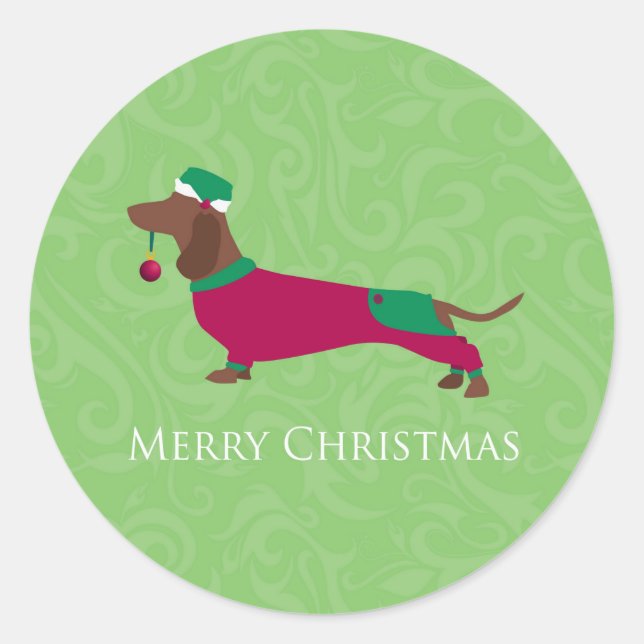 Sticker Rond Dachshund - Joyeux Noël Design (Devant)