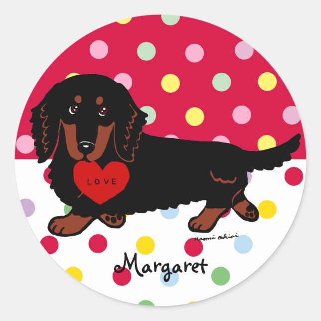 Sticker Rond Dachshund Long Haired Black et Tan (Devant)
