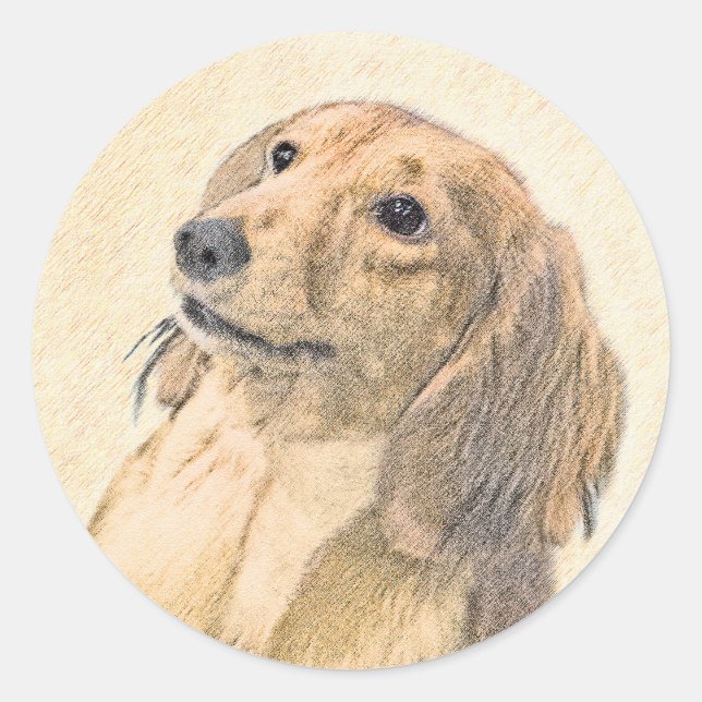 Sticker Rond Dachshund (Longhaerien) Peinture - Art Chien origi (Devant)