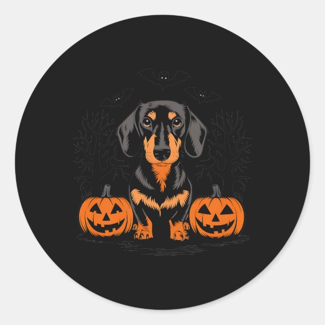 Sticker Rond Dachshund noir et feu Halloween avec (Devant)