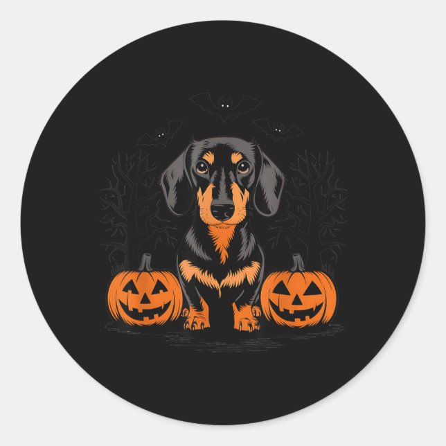 Sticker Rond Dachshund noir et feu Halloween avec (Devant)