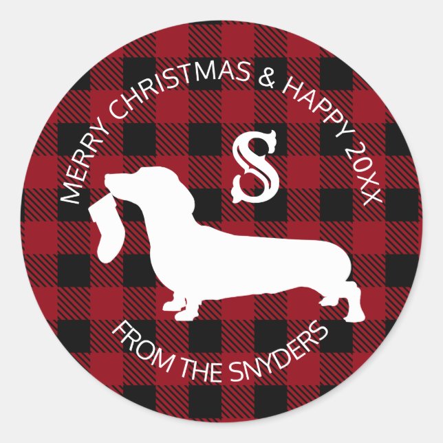 Sticker Rond Dachshund Plaid Holiday Monogramme (Devant)
