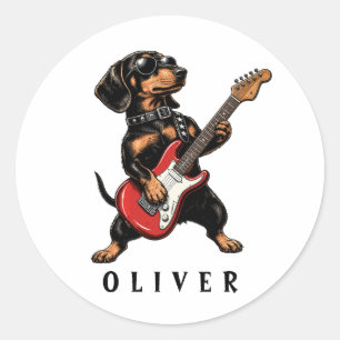 Sticker Rond Dachshund Rocker Cool Chien Jouant de la Guitare É