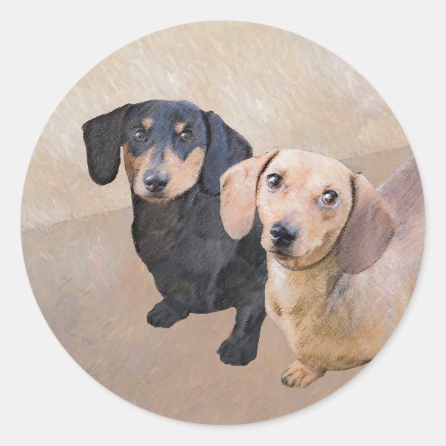 Sticker Rond Dachshund (Smooth) Peinture - Art Chien original (Devant)