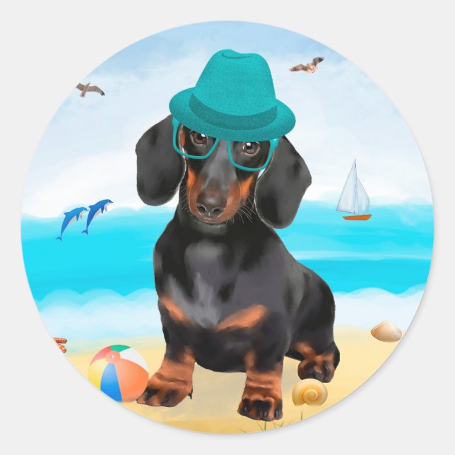 Sticker Rond Dachshund sur la plage (Devant)