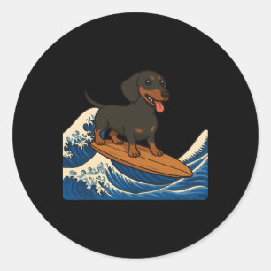 Sticker Rond Dachshund surfant sur une vague japonaise Weiner D