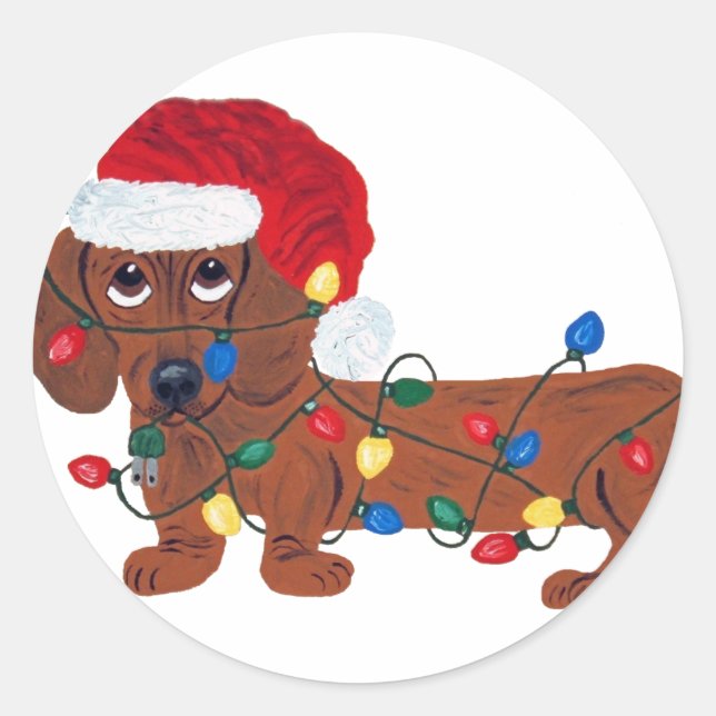 Sticker Rond Dachshund Tangée Dans Les Lumières De Noël (Rouge) (Devant)