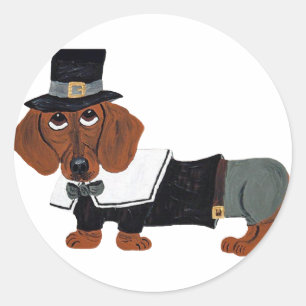 Sticker Rond Dachshund Thanksgiving Pilgrim