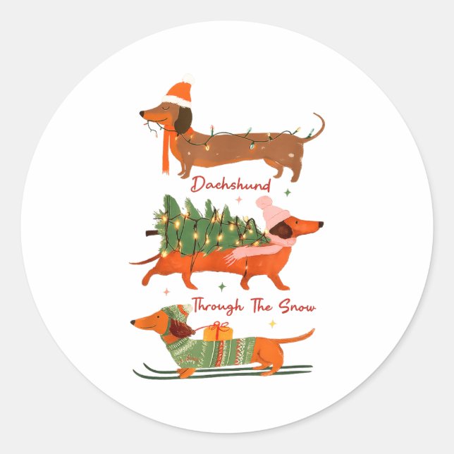 Sticker Rond Dachshund Through The Snow Merry Christmas Dachshu (Devant)