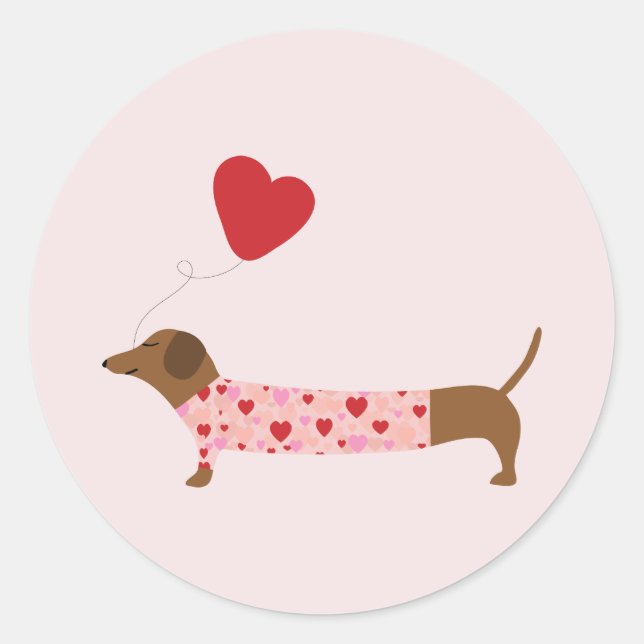Sticker Rond Dachshund Valentine, Saint Valentin rose et rouge (Devant)