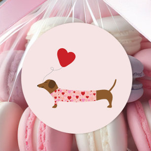 Sticker Rond Dachshund Valentine, Saint Valentin rose et rouge