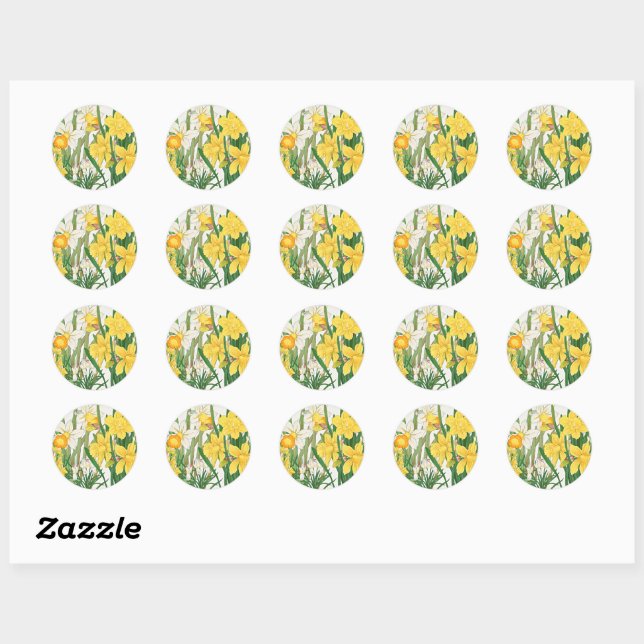 Sticker Rond Daffodil Woodblock Painting (Feuille)
