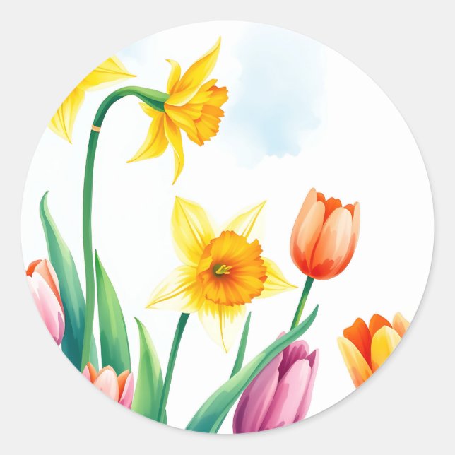 Sticker Rond Daffodiles et tulipes d'aquarelle vibrantes (Devant)