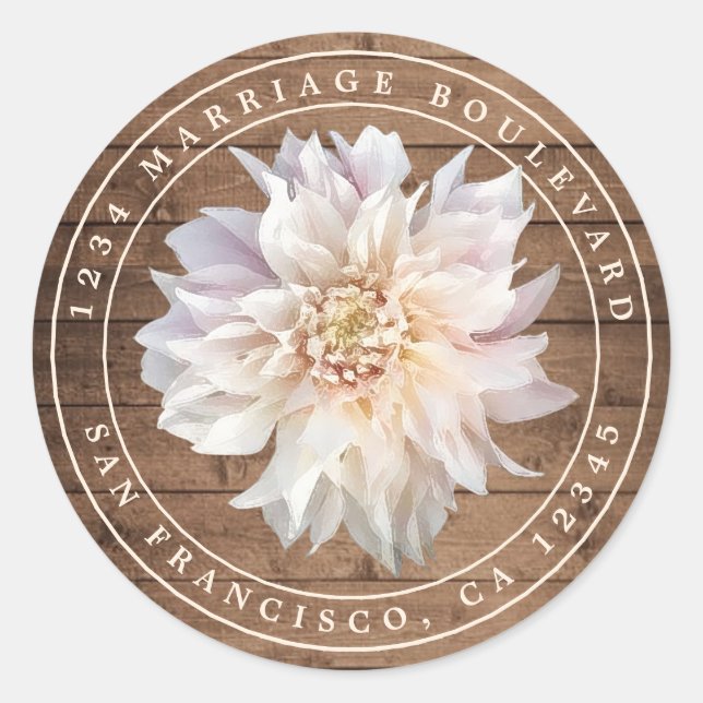 Sticker Rond Dahlia Flower Rustic Wood Mariage Adresse de retou (Devant)