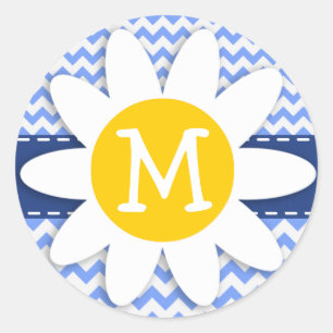 Sticker Rond Daisée de printemps ; Motif Chevron bleu
