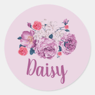 Sticker Rond Daisy Nom Floral Personnalisé Fleur Vintage Rose G