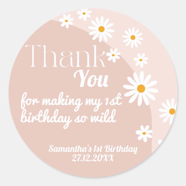 Sticker Rond Daisy pink wild one Girl 1st Birthday Thank (Devant)