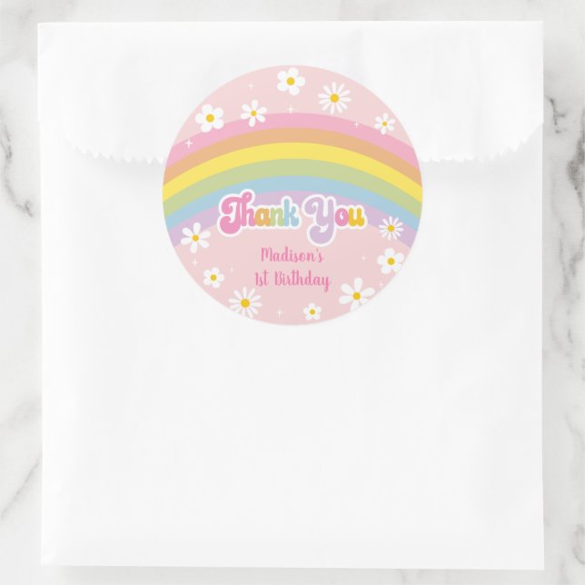 Sticker Rond Daisy Rainbow Retro Merci d'anniversaire (Sac)