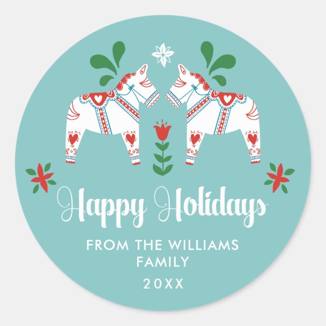 Sticker Rond Dala suédois Horse Folk Joyeuses vacances Noël (Devant)