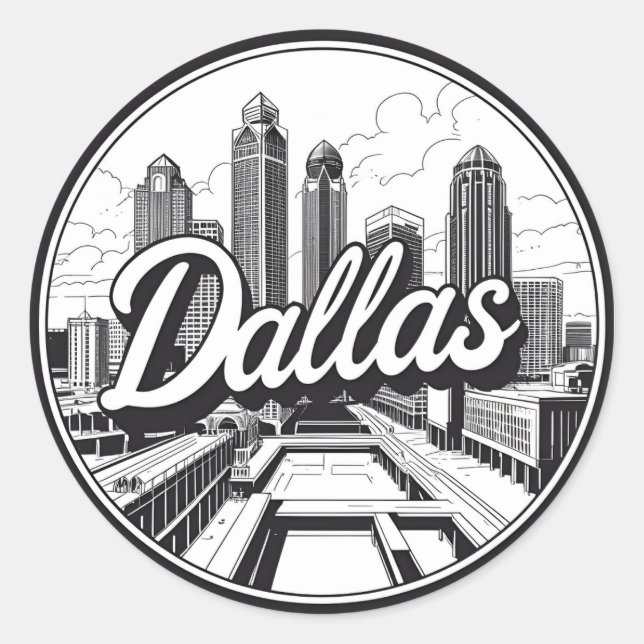 Sticker Rond Dallas Texas Skyline Paysage urbain noir et blanc (Devant)