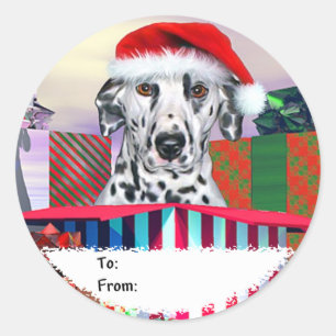 Sticker Rond Dalmatie Noël Surprise Tags cadeaux