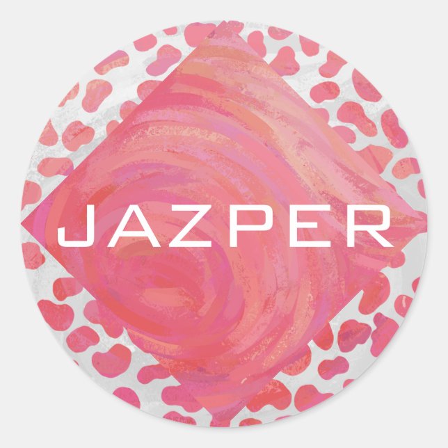 Sticker Rond Dalmatie rose et blanc avec monogramme (Devant)