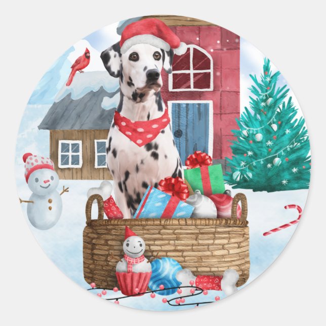 Sticker Rond Dalmatien dans une maison pour chien de Noël ennei (Devant)