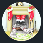 Sticker Rond Dalmation Christmas Père Noël débarque<br><div class="desc">Ces deux Dalmatiens endormis pensaient tout avoir vu. Mais qu'est-ce que c'est ? Un visiteur nocturne ? C'est le soir de Noël, mais quelqu'un a oublié de dire les Dals ! Père Noël Est À L'Entrée. Et quel moyen d'entrer ! Bon humour pour tous Dal ou Amoureux de les chiens...</div>