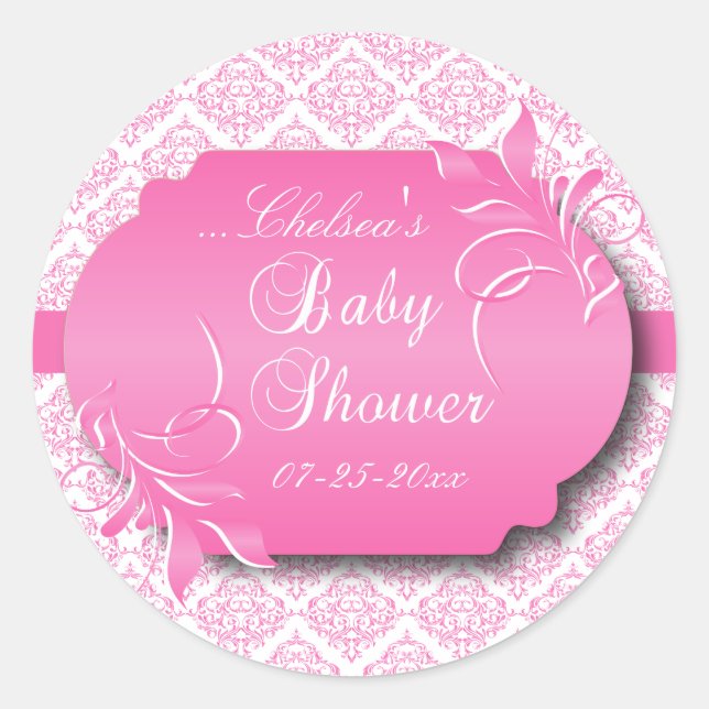 Sticker Rond Damas et rose tendance pour un Baby shower (Devant)