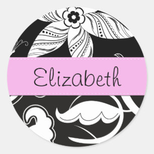 Sticker Rond Damas, Fleurs, Noir et Blanc, Votre nom