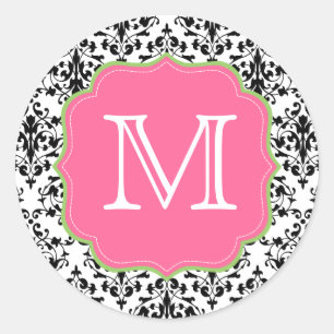 Sticker Rond Damas Monogramme noir rose vert