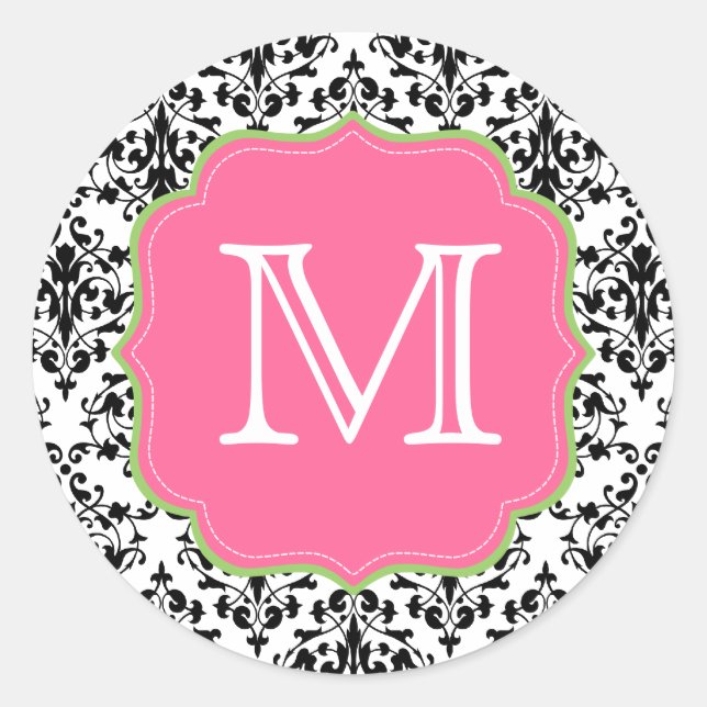 Sticker Rond Damas Monogramme noir rose vert (Devant)
