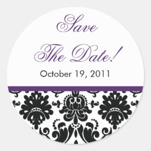 Sticker Rond Damas noir et violet Enregistrer la date Mariage s