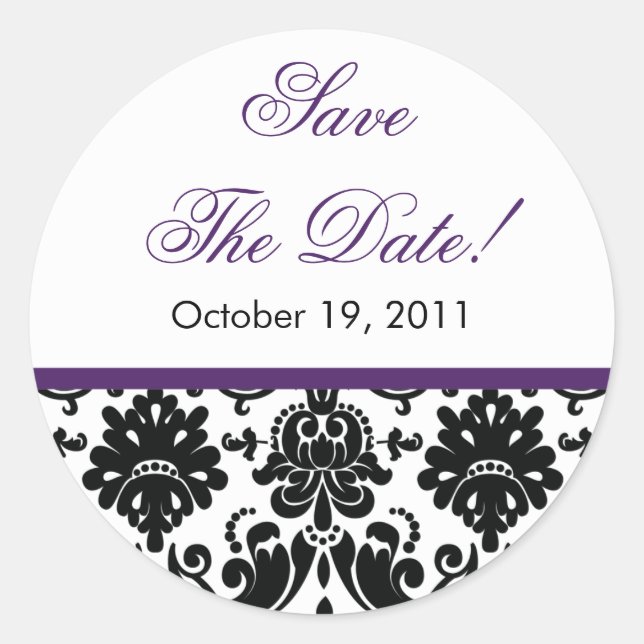 Sticker Rond Damas noir et violet Enregistrer la date Mariage s (Devant)