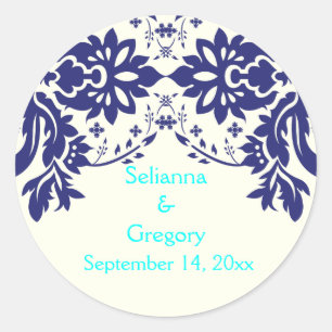 Sticker Rond Damask bleu marine, aqua, mariage Enregistrer la d