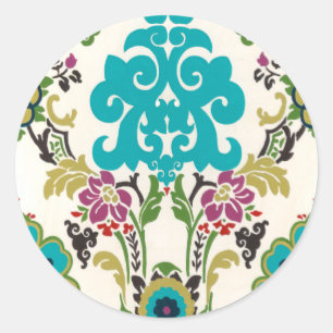 Sticker Rond Damask Floral Patterns Plum Turquoise